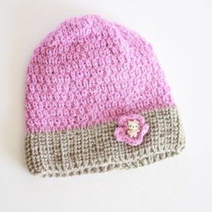 Girls Knit Pink Beanie Side Flower Hello Kitty Age 6-8 NEW Handmade Microfiber
